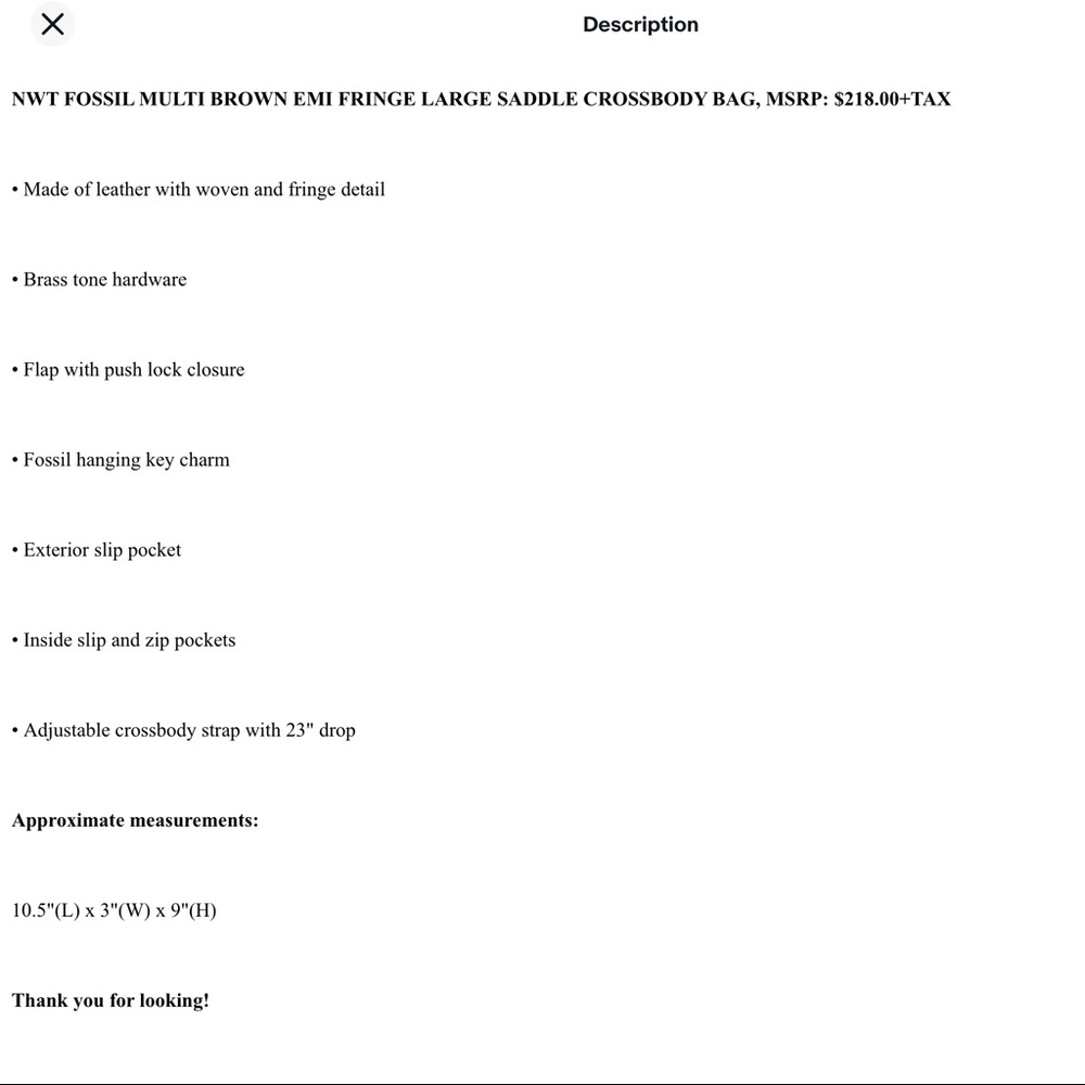 NWT Fossil Women’s Brown Leather Fringe Saddle Crossbody Bag - Picture 11 of 11